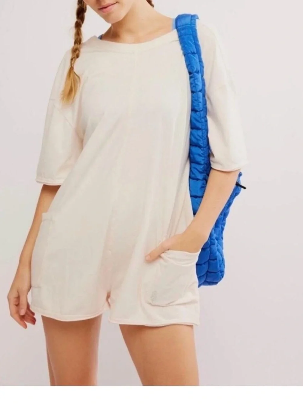 Free People Movement NWT Hot Shot Tee Romper In Bleached Clay Cream L